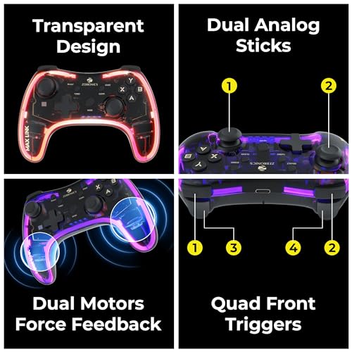 ZEBRONICS MAX LINK Wireless Gamepad, Dual motors Haptic feedback, Built-in rechargeable battery, RGB light, Plug & play, Supports (Windows | Android) - Unboxify