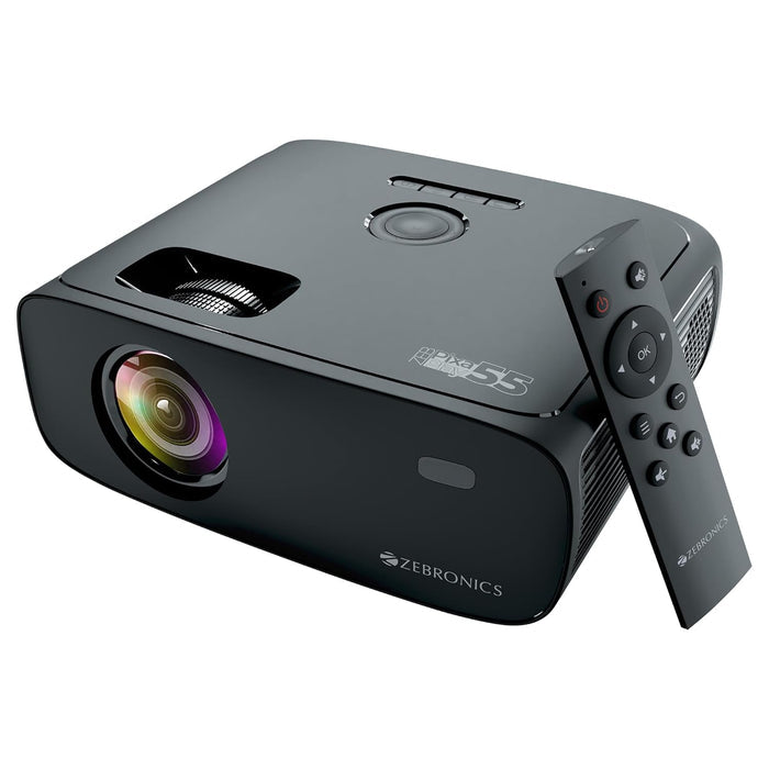 ZEBRONICS PIXAPLAY 55, Smart Projector, 8000 Lumens, 4K Support, 150 Inch Screen Size, Quad Core Processor - Unboxify