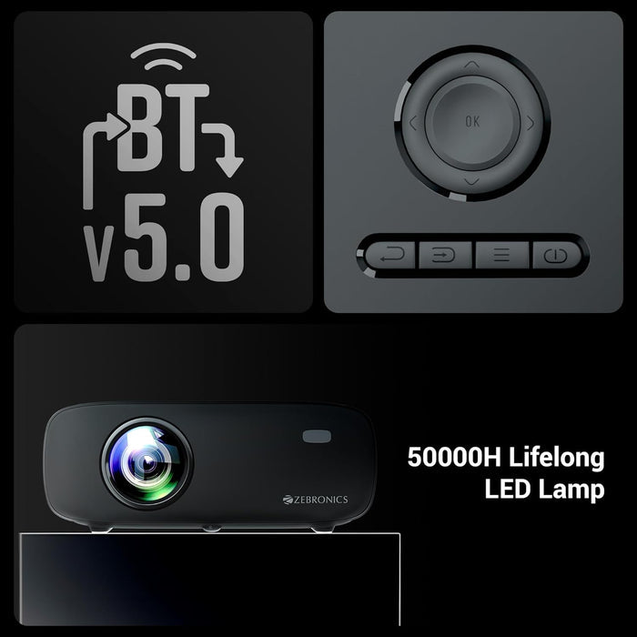 ZEBRONICS PIXAPLAY 55, Smart Projector, 8000 Lumens, 4K Support, 150 Inch Screen Size, Quad Core Processor - Unboxify