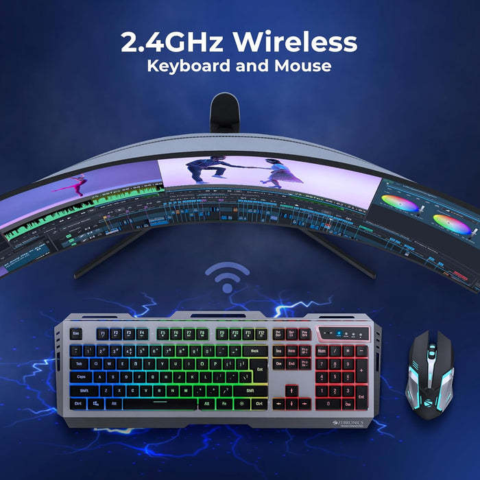 ZEBRONICS Transformer PRO Gaming Wireless Keyboard & Mouse Combo with 2.4GHz, Aluminum Body, Built in Battery, Multicolor LED Modes, Type C, Double Shot Keycaps, up to 4000 DPI - Unboxify