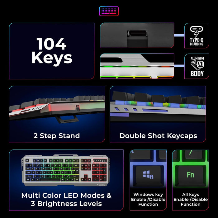 ZEBRONICS Transformer PRO Gaming Wireless Keyboard & Mouse Combo with 2.4GHz, Aluminum Body, Built in Battery, Multicolor LED Modes, Type C, Double Shot Keycaps, up to 4000 DPI - Unboxify