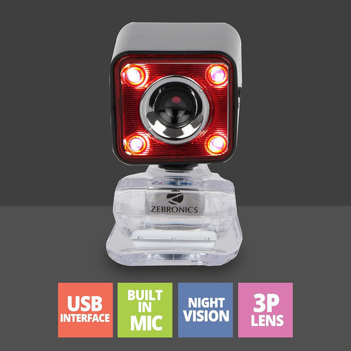 ZEBRONICS Zeb-Crystal Pro Web Camera with USB Powered, 3P Lens, Night Vision, Built-in Mic, Red